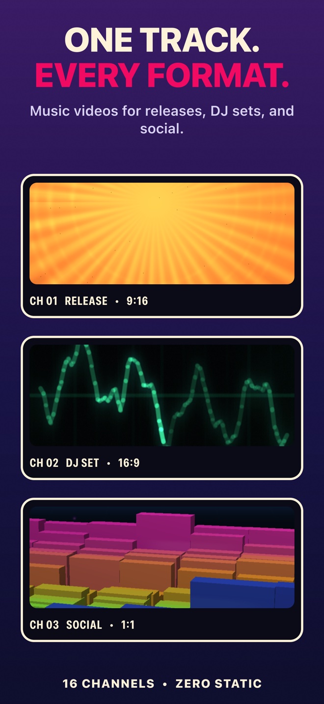 Tunely exports music videos in vertical, landscape, and square formats