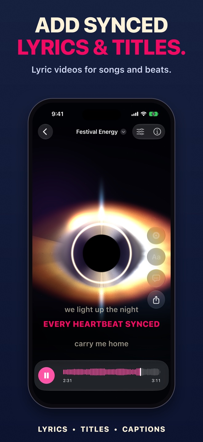 Add synchronized lyrics, titles, and captions to a Tunely music video