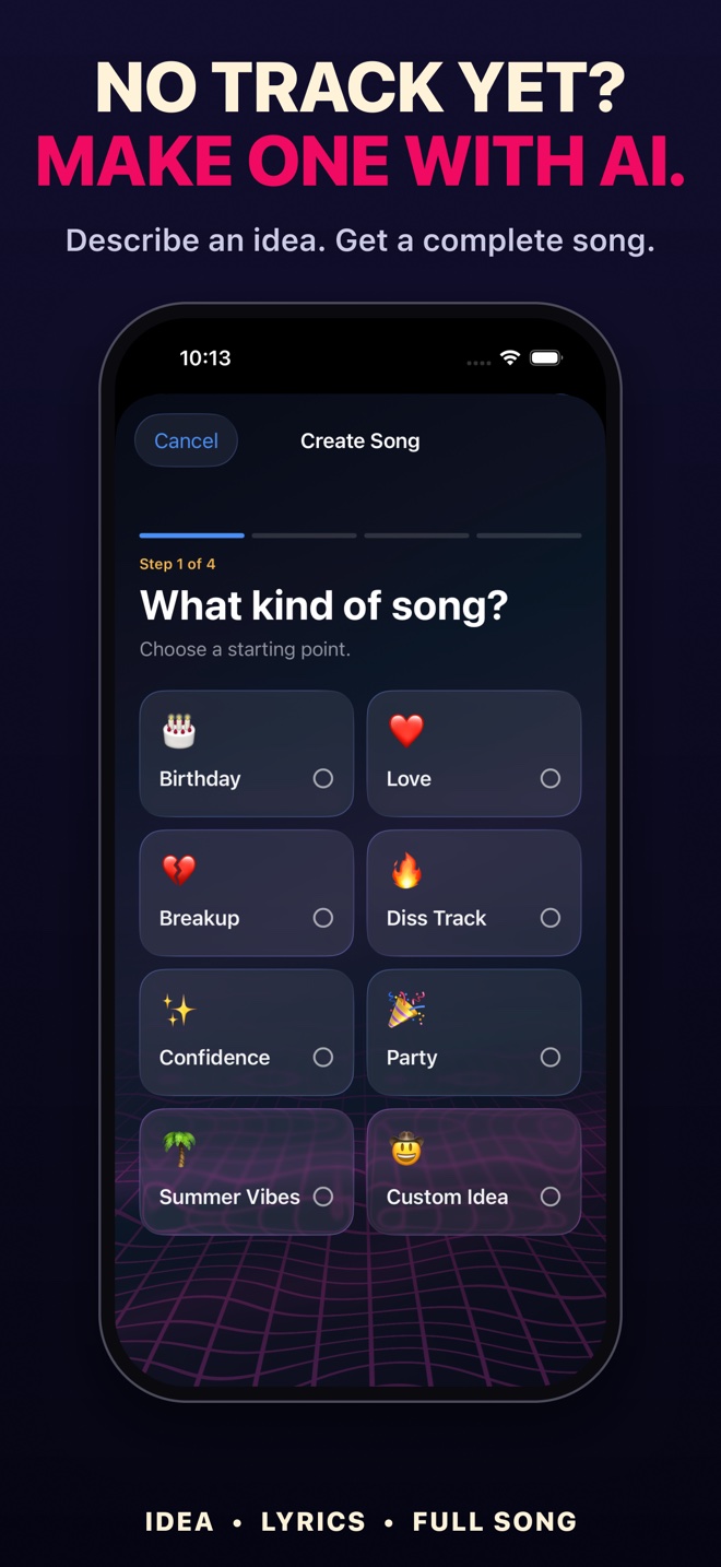 Describe an idea and create a complete AI song in Tunely