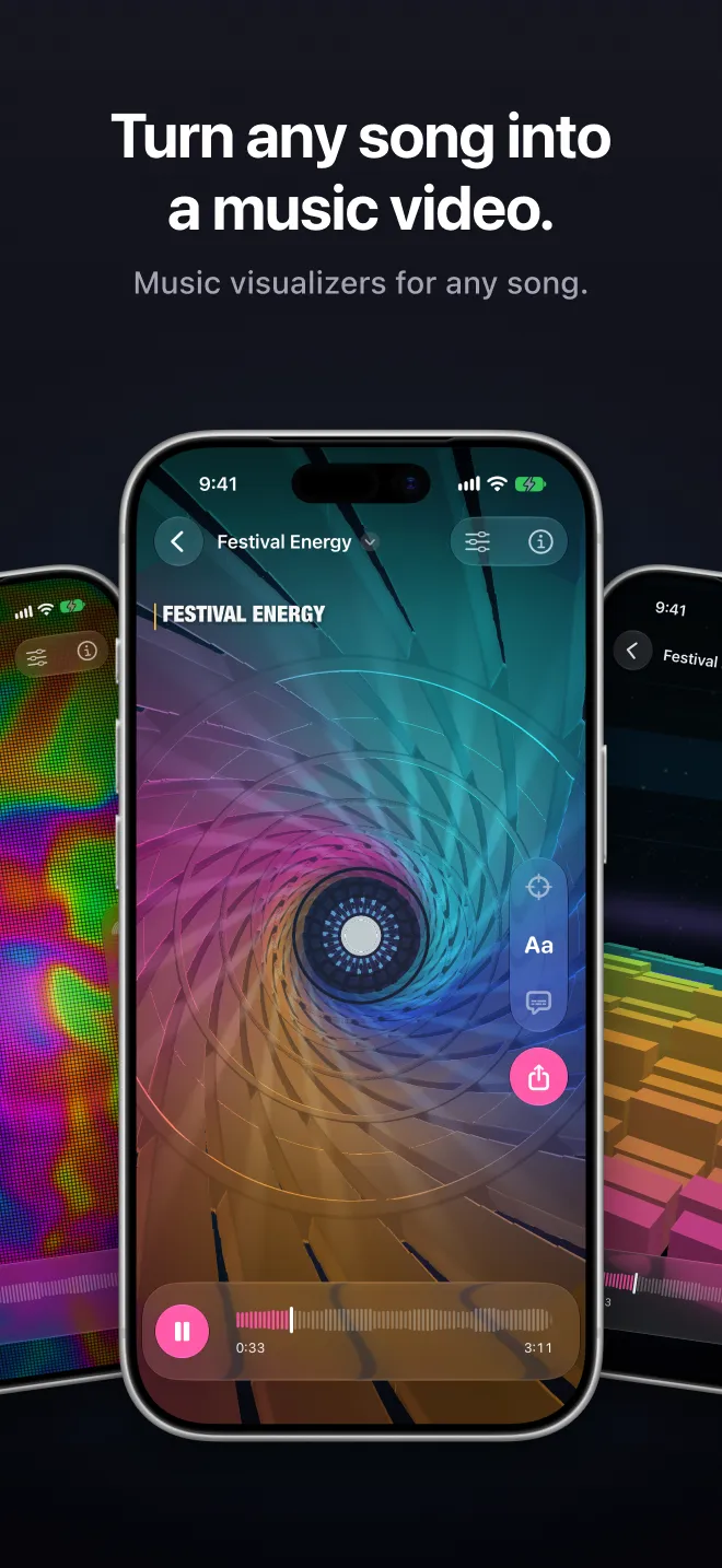 Turn any song into a music video. Tunely playing Festival Energy on iPhone with three visualizer styles
