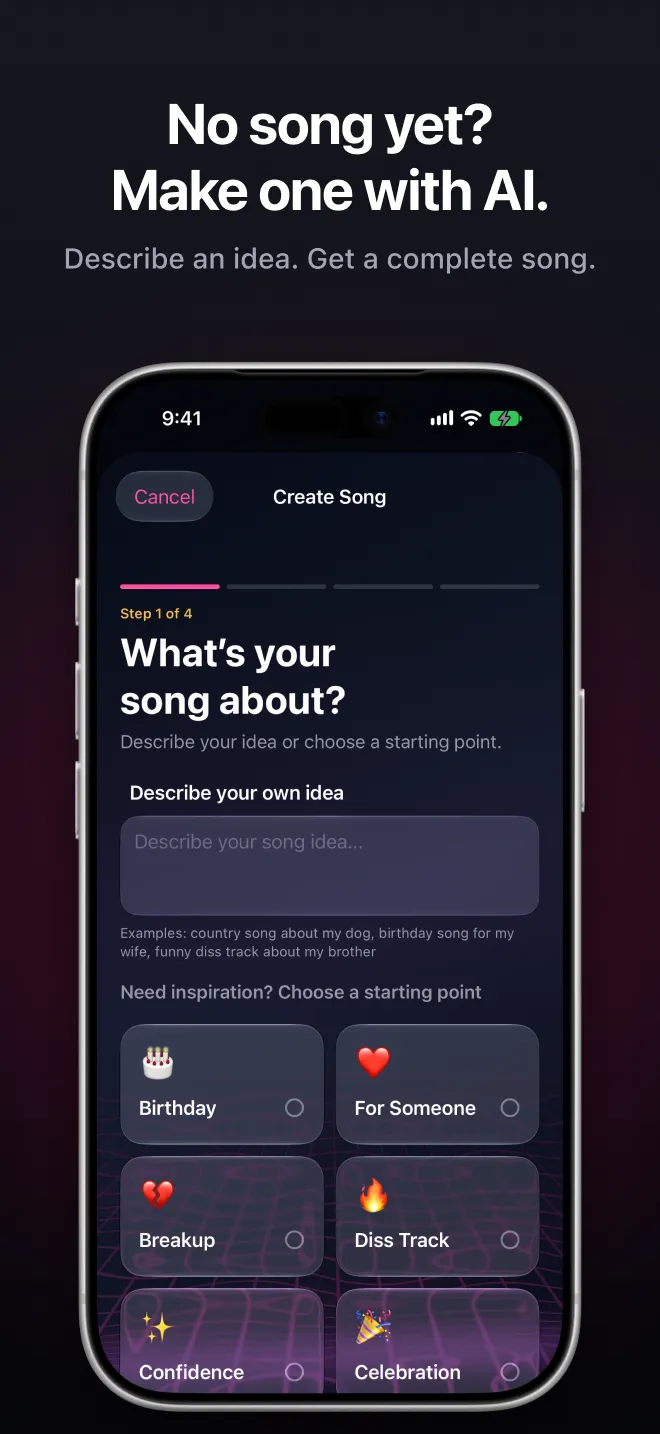 No song yet? Make one with AI. The Create Song screen asking what your song is about