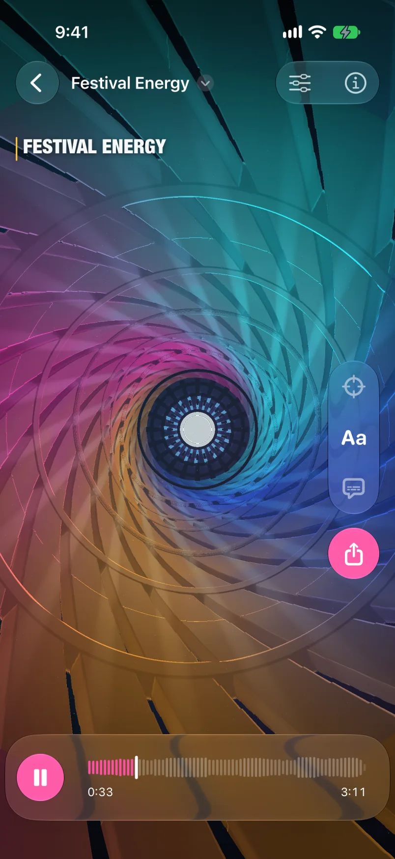 Tunely on iPhone playing Festival Energy with a spiral tunnel visualizer, the song title overlay, and the player controls