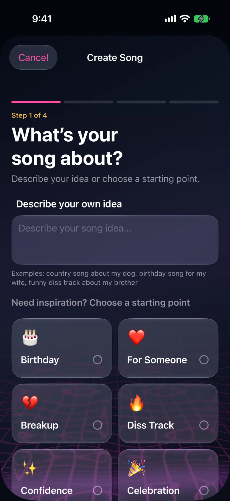 The Create Song screen in Tunely: step 1 of 4 asks what your song is about, with starting points like Birthday, For Someone, Breakup, and Diss Track