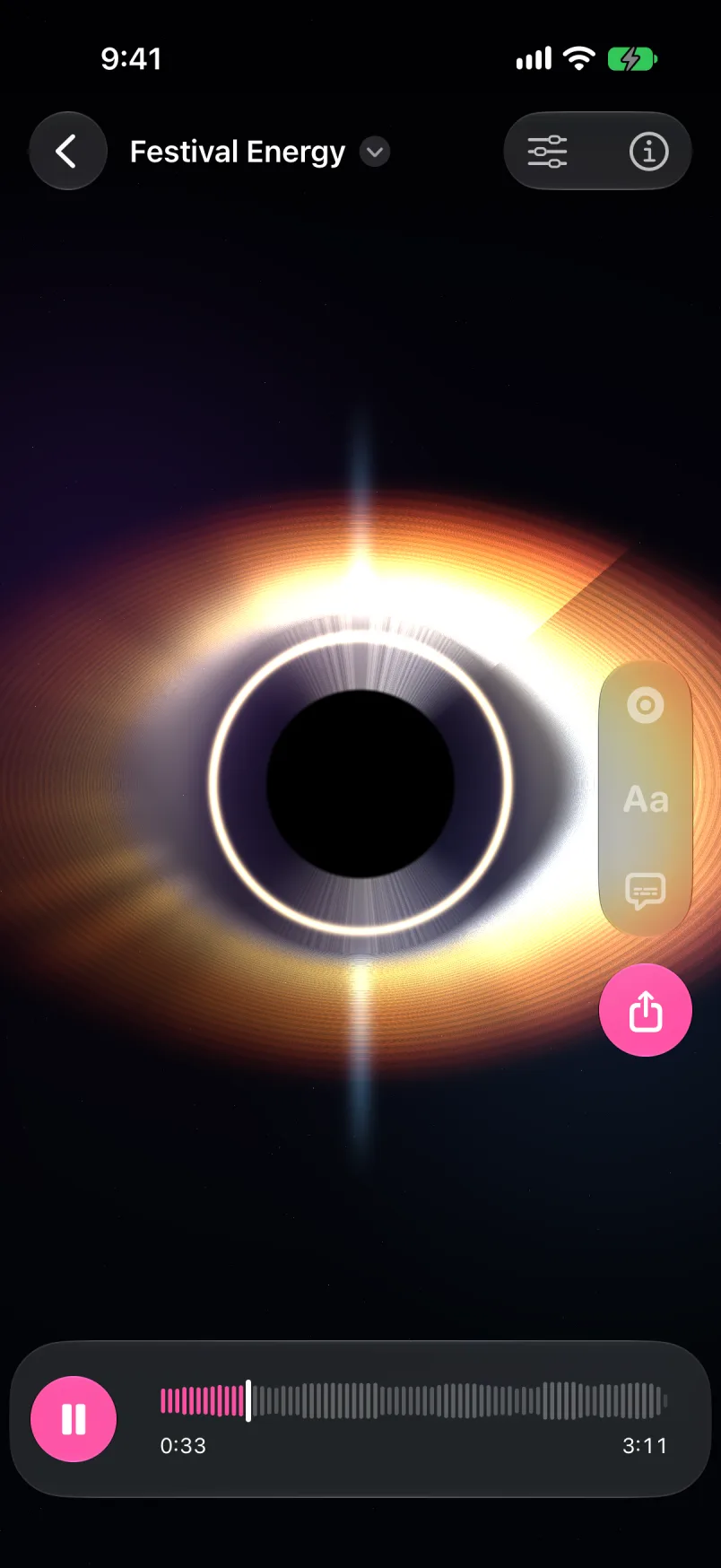 Tunely playing Festival Energy with a glowing ring visualizer and a synced lyric caption